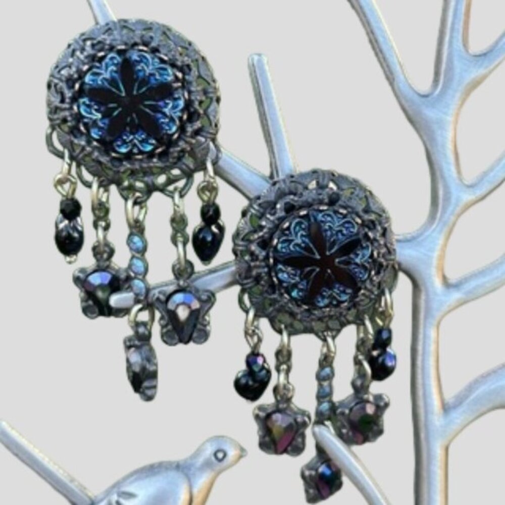 Vintage Banana Bob Silver Blue Iridescent Stone Starfish Dangle Clip On Earrings